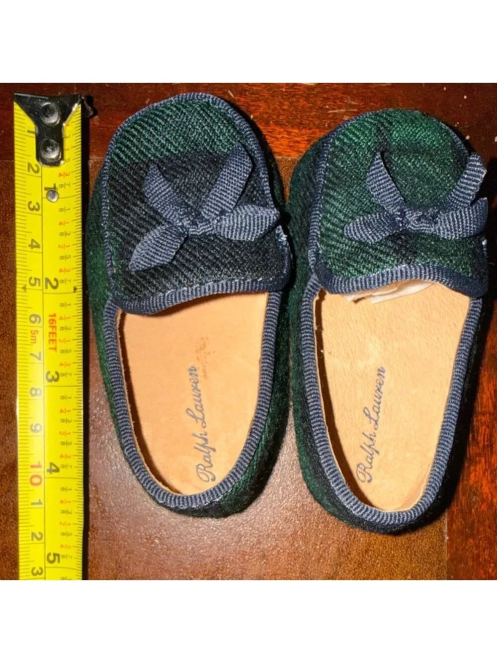 NIB Ralph Lauren Layette Baby Moccasins In Green & Navy Plaid With Bow Detailing